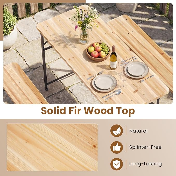 Giantex 47 Inch Folding Picnic Tables with Benches Set, Solid Wood Camping Beer Table Bench Set with Metal Frame, 3-Piece Portable Patio Dining Furniture, Indoor & Outdoor Folding Table and Chairs