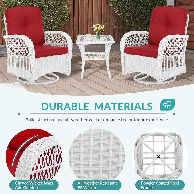 MEETWARM 3-Piece Outdoor Wicker Swivel Rocker Patio Set, Rocking Chairs Rattan Patio Furniture with Thickened Cushion and Glass-Top Coffee Table, Conversation Bistro Set, White Wicker/Red