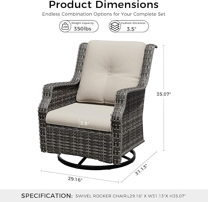 Outdoor Patio Furniture Set, 4 Piece Wicker Patio Furniture with Thick Cushions, Curved Armrest, Deep Seating, Outdoor Swivel Rocker Chairs for Porch, Deck, Balcony