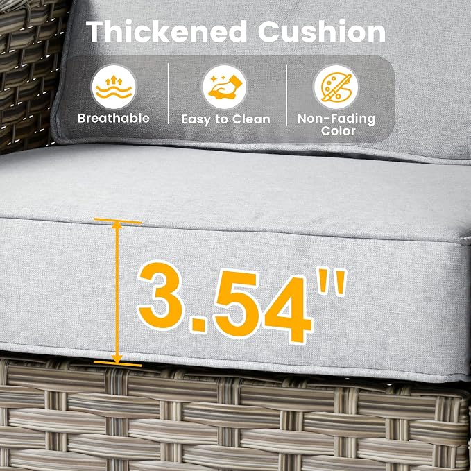 7 Pieces Patio Sectional Furniture Set, Outdoor Wicker Sectional Couch with Solar Lights Table, Modern Conversation Set for Porch Balcony Backyard, Gray