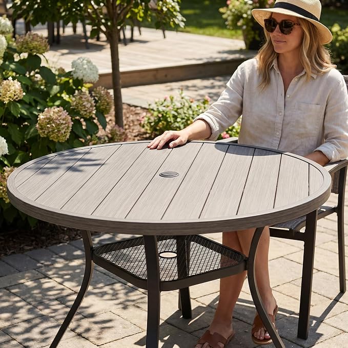 VICLLAX Metal Outdoor Dining Table for 4, All Weather 40.7" Black Round Patio Table with Adjustable Umbrella Hole for Lawn, Garden, Balcony and Poolsides, Grey Wood Grain Tabletop