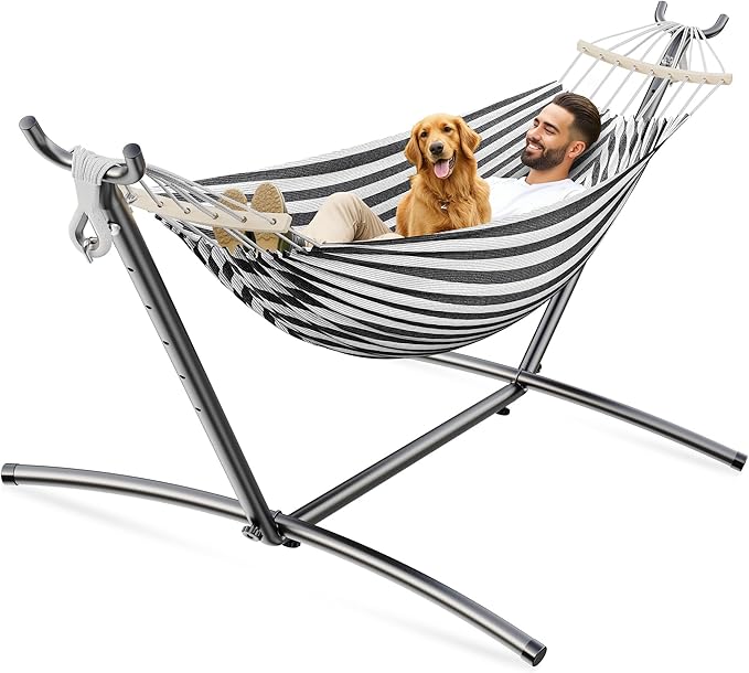 ANAGOO Double Hammock, Heavy Duty Portable, 500 lb Weight Capacity, Perfect for Both Indoors and Outdoors, 2 Person Hammock with Carrying Bag, Black White