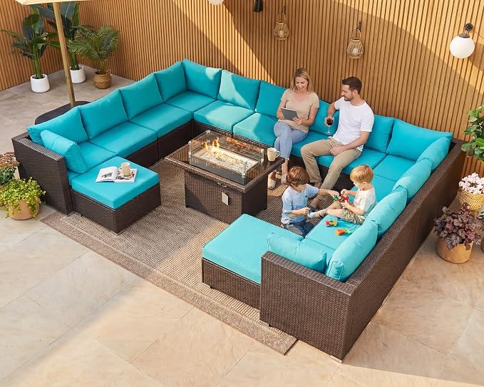 BULEXYARD 15 Piece Highback Wicker Patio Furniture Sets with Firepit, All-Weather Heavy Duty Outdoor Conversation Set Modular, Extra Deep Wide 14-Seats Sectional Couch Sofa for Backyard, Brown & Teal