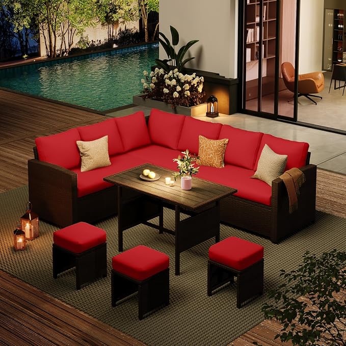 AECOJOY Outdoor Patio Furniture Set with Waterproof Cover, 7 Pieces Clearance Sectional Rattan Dining Table&Chairs, All Weather Wicker Conversation Sofa Couch, Red Cushions&Brown Rattan