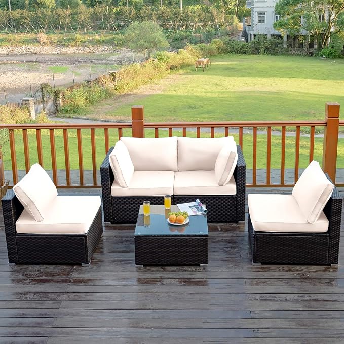 COSTWAY 5-Piece Outdoor Patio Furniture Set, PE Rattan Sofa Chairs with Cushions and Tempered Glass Coffee Table, Conversation Sofa Set for Backyard Garden (White)