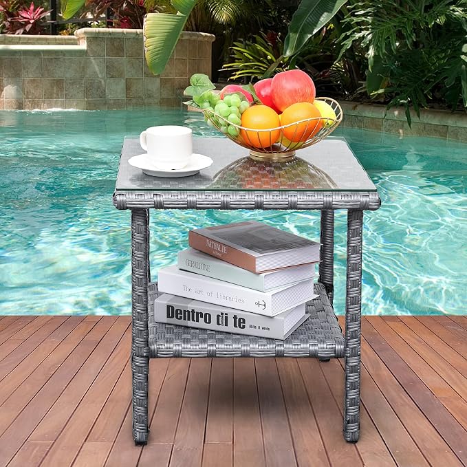 Outdoor PE Wicker Side Table - Patio Rattan Garden Coffee End Square Table with Glass Top-2-layer Table Furniture, Grey