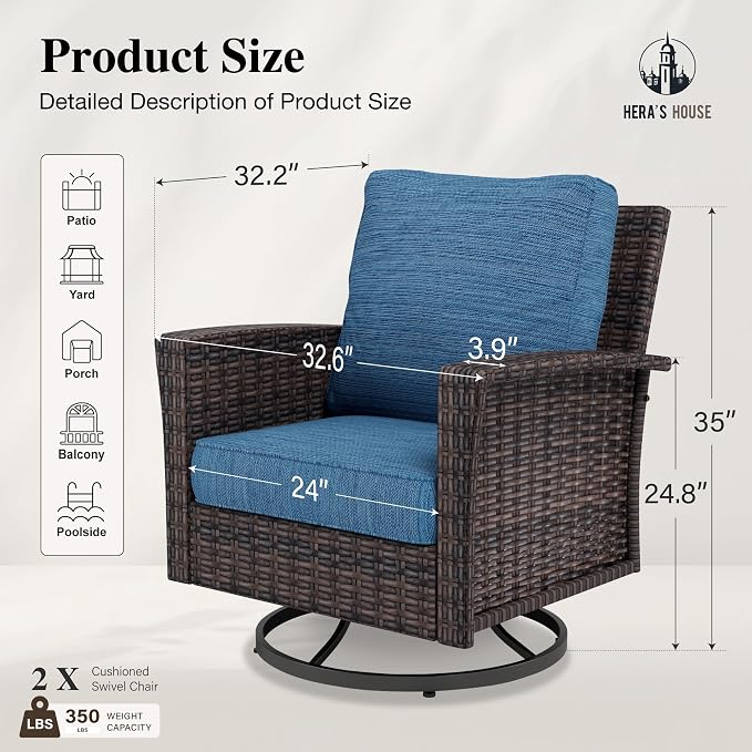 HERA'S HOUSE Outdoor Swivel Chairs Set of 2 with 5.5" Thick Cushions, High Back Patio Furniture, Oversized Wicker Rattan Chairs for Deck Balcony Backyard, Blue