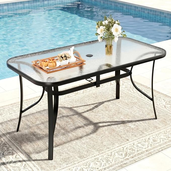 TLSUNNY Patio Outdoor Table W/ 1.69″ Umbrella Hole, 30"X 55" Rectangular Tempered Glass Patio Dining Table for 6, Outdoor Metal Furniture, All-Weather Use, for Patio, Graden, Backyard (Black)