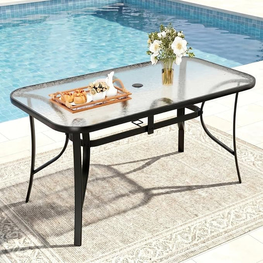 TLSUNNY Patio Outdoor Table W/ 1.69″ Umbrella Hole, 30"X 55" Rectangular Tempered Glass Patio Dining Table for 6, Outdoor Metal Furniture, All-Weather Use, for Patio, Graden, Backyard (Black)
