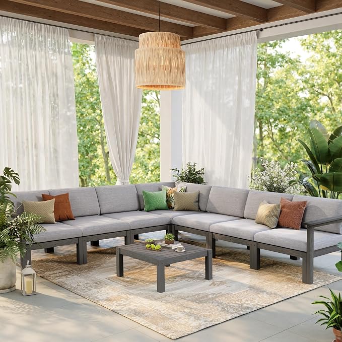 Stoog Modular L-Shaped Sectional Sofa Set, 8-Piece All-Weather Patio Furniture - Waterproof HIPS Frame & Quick-Dry Olefin Cushions, Grey