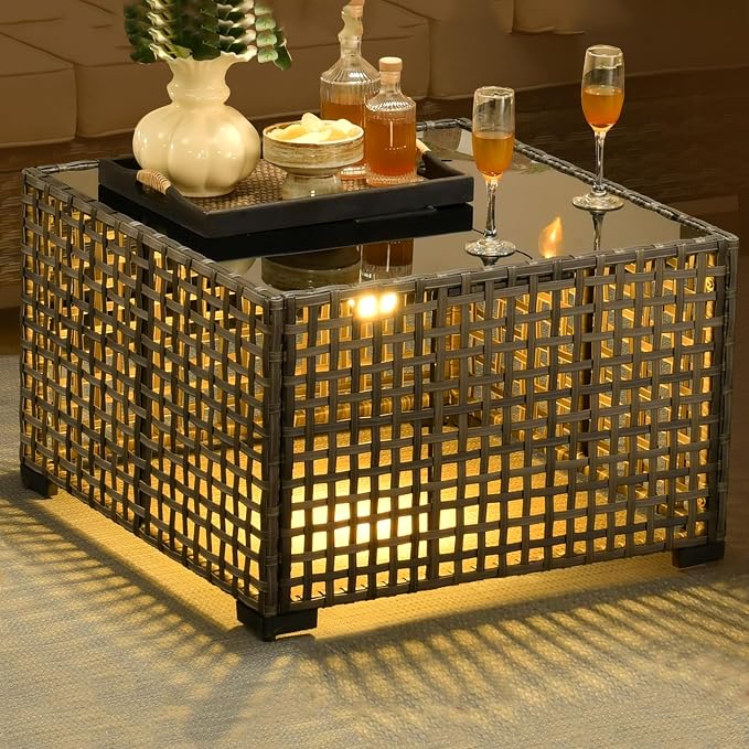 HOOOWOOO Outdoor Patio Side Table with Solar Light,Wicker Coffee End Table Glass Top,LED Deck Table for Yard,Deck,Porch,Garden(Grey)