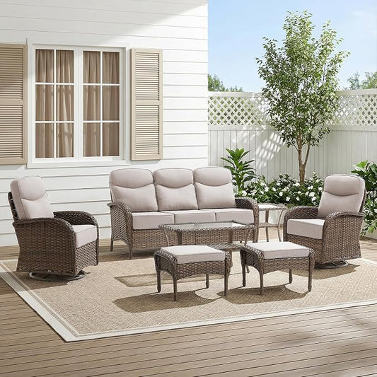 HUMMUH 7-Piece Patio Furniture Set with 6" Thick Cushion High Back Outdoor Swivel Rocker Chairs with 3-Seater Sofa,Coffee Table & Ottomans,Wicker Outdoor Conversation Set for Deck, Porch,Poolside