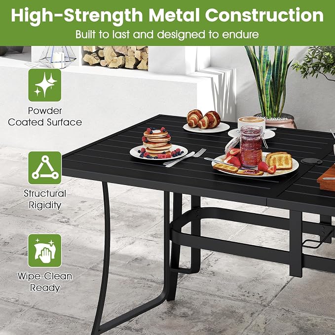 Tangkula 63" x 33" Metal Patio Dining Table for 6, Rectangle Heavy Duty Outdoor Dining Table with Umbrella Hole, 6-Person Outside Dining Furniture for Porch, Garden, Balcony and Backyard