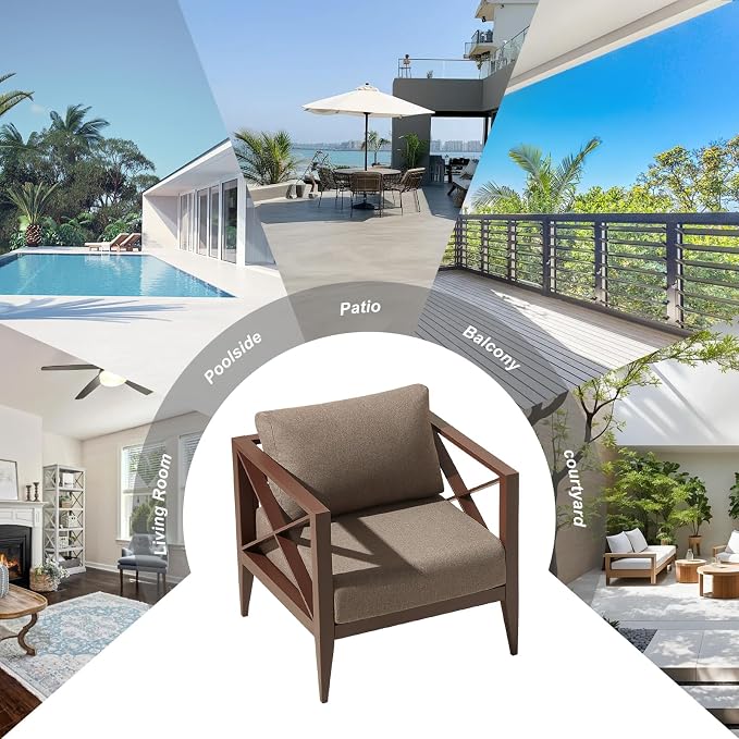 Outdoor Aluminum Patio Furniture Set, 2-Seats Patio Conversation Sofa Set with 1 Coffee Table, All Weather for Pool, Balcony, Garden-Brown