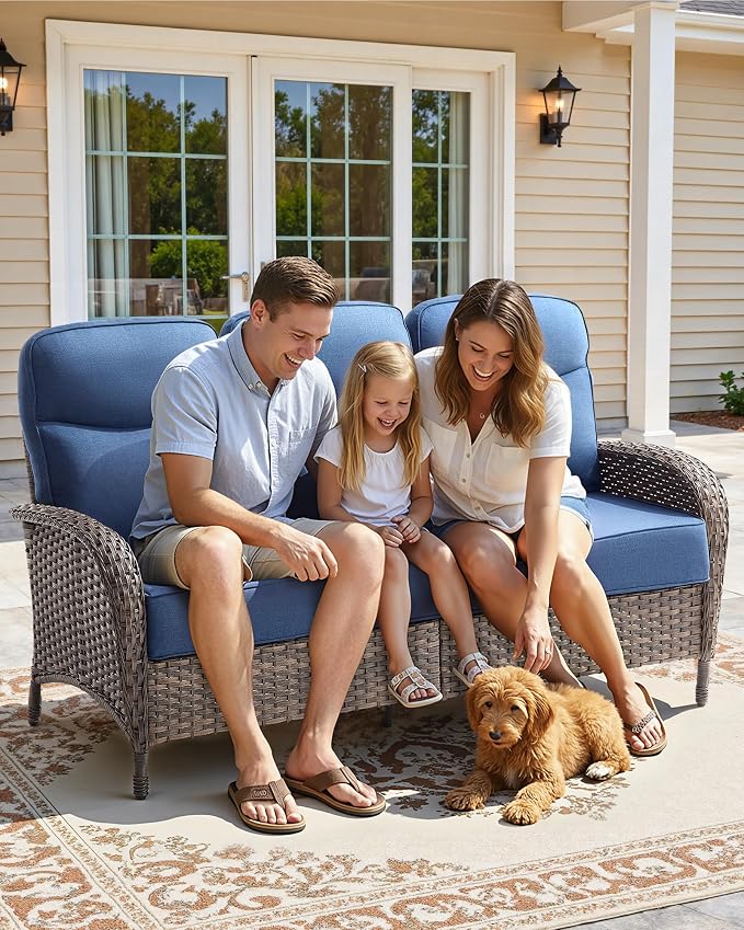 9-Piece Luxury Patio Furniture Set with 6-Inch Thick Cushions, High-Back Outdoor 4 Swivel Rocking Chairs with Wicker Side Table, All-Weather Conversation Set for Porch, Deck, Yard or Poolside – Blue