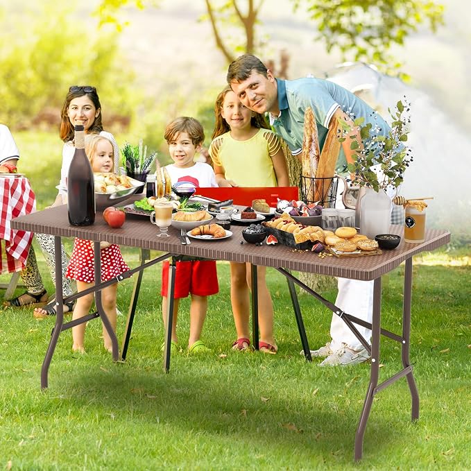 Giantex 5 FT Folding Table, HDPE Foldable Dining Table for 6, Indoor Outdoor Use for Party Banquet Wedding Picnic Camping BBQ, Fold-in-Half Portable Space Saving Design (Brown)