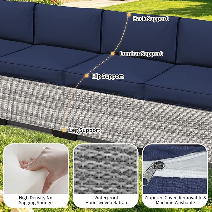 7 Pieces Outdoor Patio Furniture Set, Wicker Modular Sectional Sofa, All Weather Conversation Sets with Glass Table for Yard, Garden, Poolside, Off-White Rattan & Navy Blue Cushions