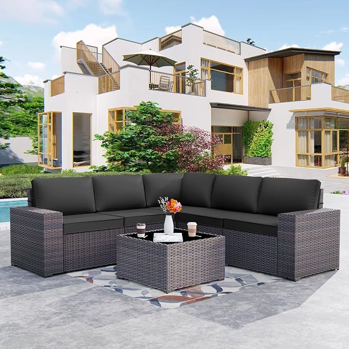 Kurapika 6 Pieces Patio Furniture Set, Rattan Outdoor Conversation Sets w/4 Inch Cushion and Glass Coffee Table(Black)