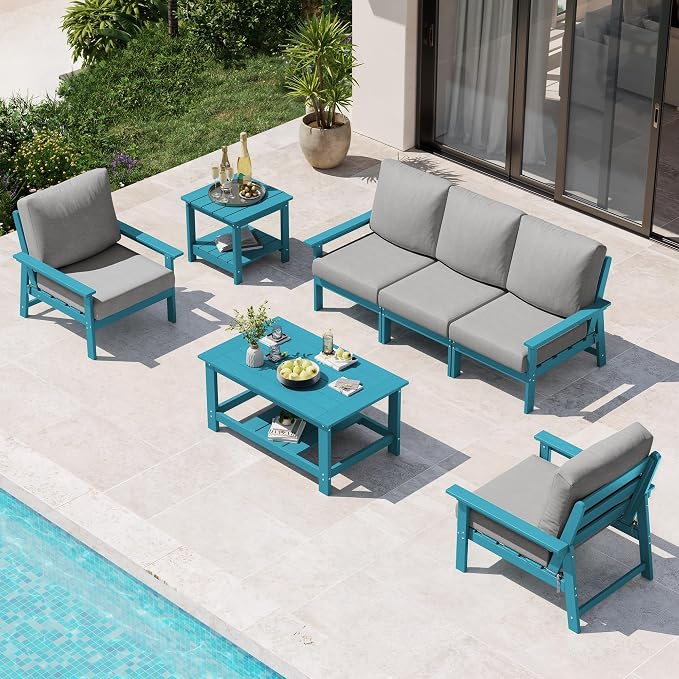 Ciokea Modular Patio Furniture Set with Thicked Cushions, 7Pcs All-Weather Outdoor Conversation Set with Coffee Table & Side Table, Modern Sectional Sofa Set for Deck (Blue Frame/Grey Cushions)