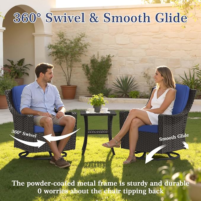 3 Pieces Patio Swivel Chairs & Side Table, PE Rattan Patio Chairs with Water-Resistant Cushion for Porch Outdoor Wicker Furniture Set (Blue, 3 PCS - Swivel Chair & Table)
