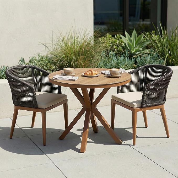 PURPLE LEAF 3 Pieces Bistro Set 37.4" Diameter Table with 2 Arm Chairs Cushioned PE Rattan Patio Furniture for Indoor Outdoor Use on Garden Lawn Apartment Poolside Deep Teak