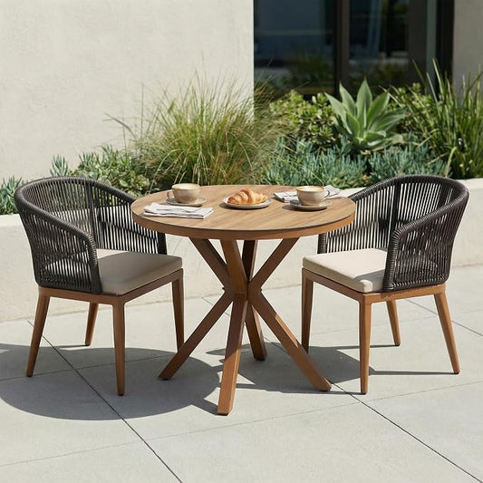 PURPLE LEAF 3 Pieces Bistro Set 37.4" Diameter Table with 2 Arm Chairs Cushioned PE Rattan Patio Furniture for Indoor Outdoor Use on Garden Lawn Apartment Poolside Deep Teak