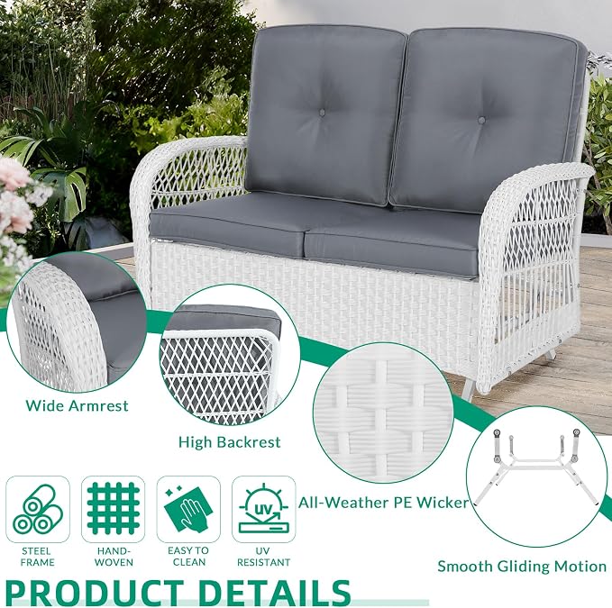 VIVIJASON 5-Piece Outdoor Patio White Wicker Conversation Sets, All Weather Outdoor Rattan Furniture Set Includes Glider Loveseat, 2 Coffee Table, 2 Swivel-Gliders Chairs with Cushions, Grey