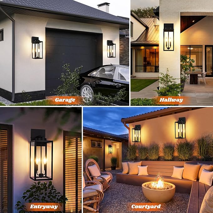 2-Pack 18inch Outdoor Light Fixtures, Waterproof Black Outside Wall Lanterns with Clear Glass, Anti-Rust Exterior Wall Sconces, Front Porch Lights for House Garage Doorway, Bulbs Not Included