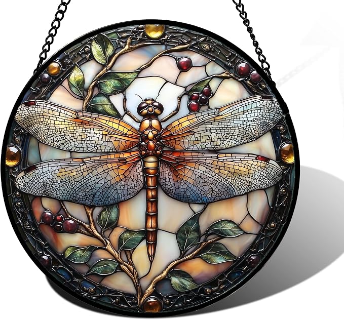 DASTOLL Stained Glass Window Hanging - Dragonfly Plant Suncatcher Ready to Hang Window Doors Home Decoration, Christmas, Mother's Day Birthday Gifts for Women, Men, and Mom 6.3X6.3IN