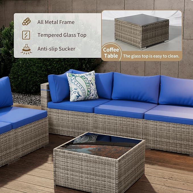 Tradare 5 Piece Patio Furniture Set, Outdoor Wicker Patio Sofa Set, PE Rattan Sectional Couch with Glass Table and Blue Cushions, All-Weather 5 Piece Outdoor Patio Furniture Sets, Grey