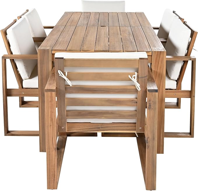 7 Piece Outdoor Patio Dining Set, Patio Table and 6 Armchairs Set with Umbrella Hole and Removable Cushion, All-Weather Acacia Wood Patio Furniture Set for Garden Backyard Lawn (Brushed Light Teak)