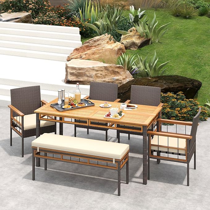 HAPPYGRILL Acacia Wood Outdoor Dining Table 63", 4-6 Person Rectangular Metal Patio Table with Umbrella Hole and Rattan Legs, Slatted Outdoor Furniture for Garden, Poolside, Backyard and Deck