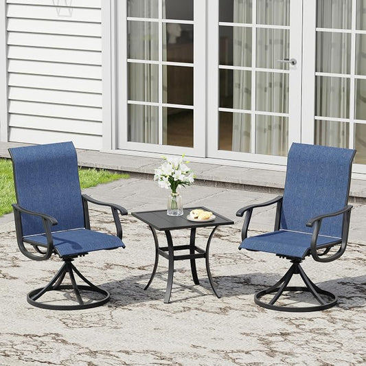 3 Pieces Small Patio Dining Set, 2 Textilene Swivel Chairs and Small Square Outdoor Table, Outdoor Furniture Set for Porch, Lawn, Garden, Black/Blue