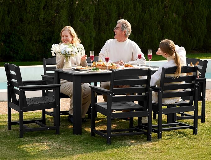 SERWALL 59" HDPE Outdoor Dining Set for 6, w/ 1 Table & 6 Armchairs, Black | All Weather Resistant HDPE Dining Sets for Patio, Garden, Backyard