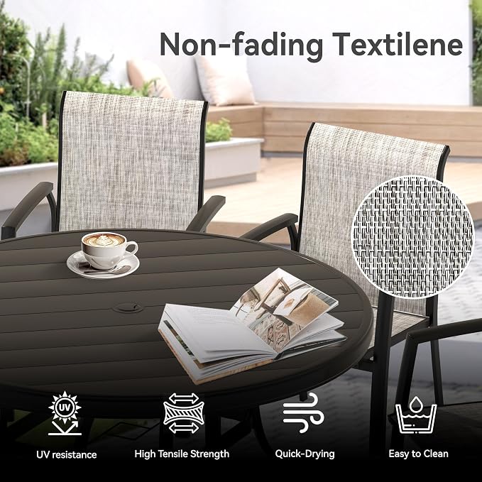 LUMISOL 5-Piece Outdoor Patio Dining Set, Patio Furniture Set with 4 Patio Stackable Dining Chairs and 40.6” Outdoor Metal Round Table, Black+Grey