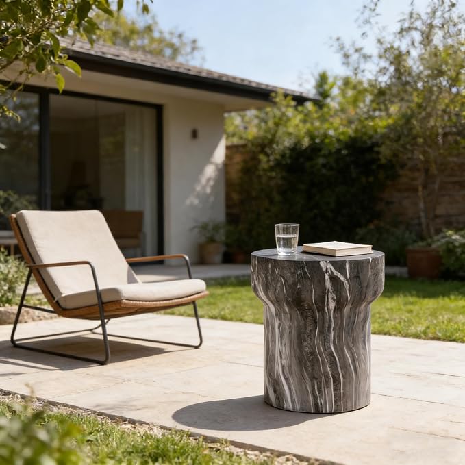 Outdoor Side Table Round Faux Marble Side Table Barrel End Tables Cement Accent Tables Patio Small Cofee Table Garden Stool for Porch, Backyard Balcony,15.55",Grey, Weather Resistant, MgO