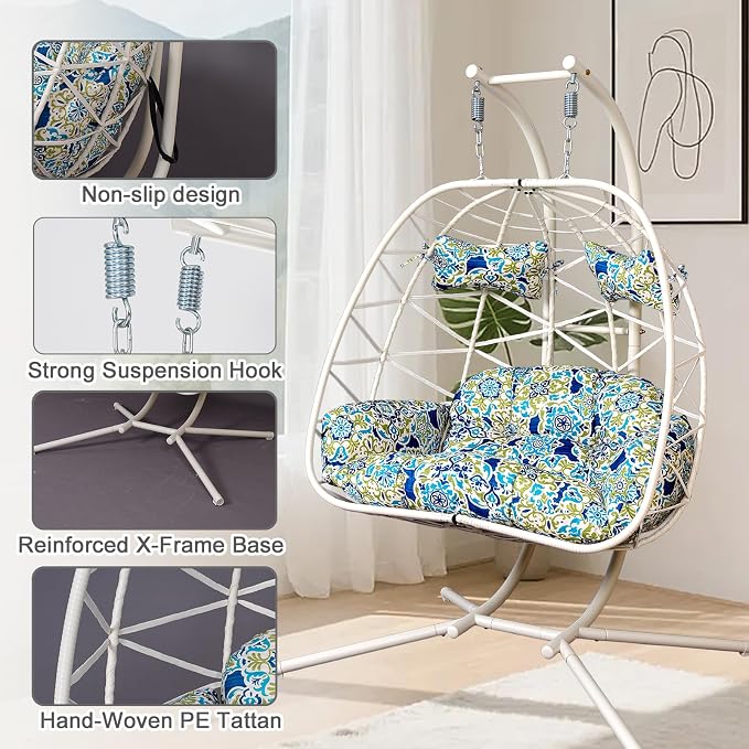 2 Person Double Hanging Egg Chair, Oversized Wicker Rattan Loveseat Swing Chair, Heavy Duty 600lbs Capacity, Foldable Basket Hammock Chair with Thick Cushion for Indoor Outdoor Patio Bedroom