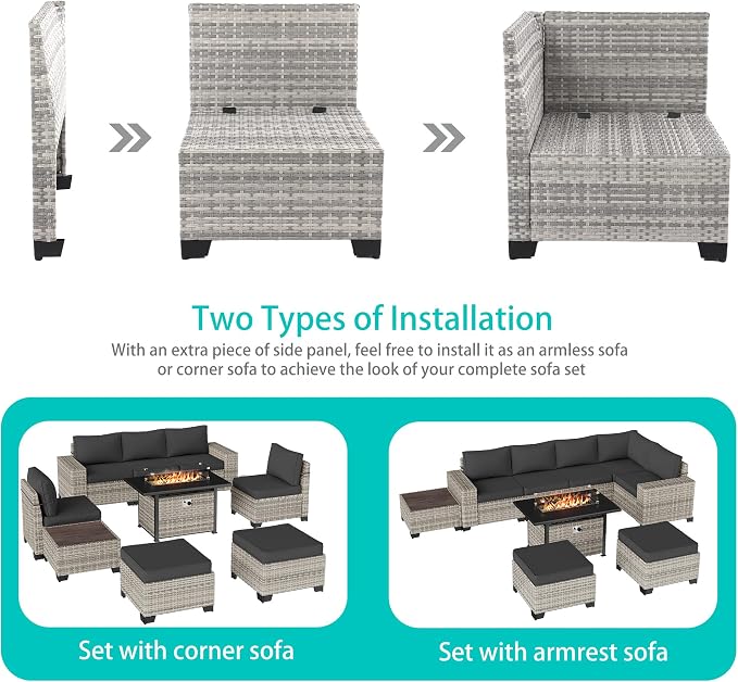 9-Piece Outdoor Patio Furniture Set with 55,000 BTU Fire Pit Table, PE Wicker Rattan Sectional Sofa Patio Conversation Set with Ottomans & Coffee Table, Dark Grey