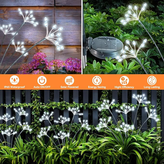 Solar Garden Lights 2 Pack Waterproof Solar Swaying Starburst Light Outdoor Lights for Yard Patio Walkway Pathway Party Wedding Christmas Decoration, White
