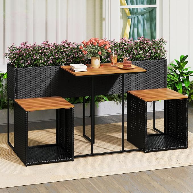 HAPPYGRILL Patio Furniture Set with Raised Garden Bed, Rattan Table Chairs Set with Storage, Acacia Wood Outdoor Seating and Flower Box Set for Backyard, Porch, Deck