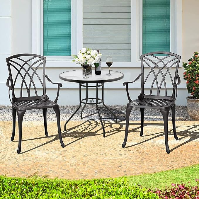 32'' Outdoor Patio Table, Bistro Table with Tempered Glass Table Top and Umbrella Hole Steel Frame Outdoor Furniture Party Conversation Coffee Table for Garden Backyard Balcony Lawn
