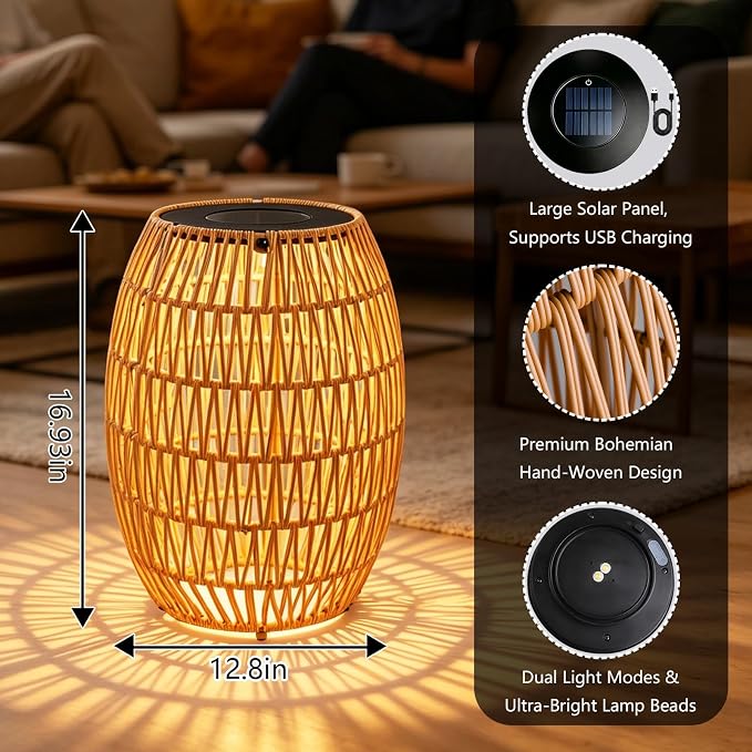 Solar Outdoor Side Table, Boho Handwoven Drum Rattan, 12.8" D x 16.9" H | 3-Color Temperature Light, Patio End Table, Dusk to Dawn Auto Sensor, IP65 Waterproof, For Porch Balcony Garden