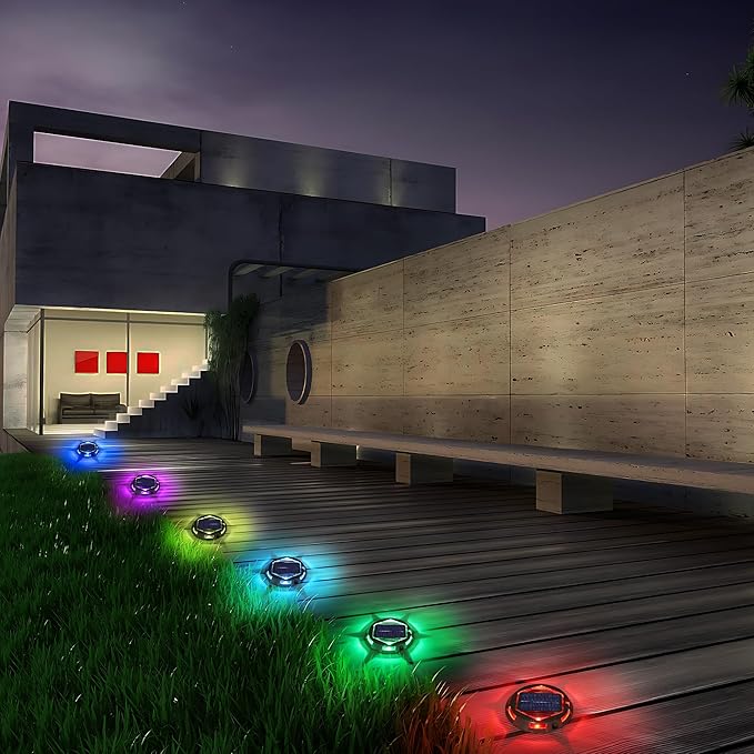 Solar Deck Light Outdoor, 6 Pack 9 Colors in 1 Solar Driveway Dock Lights, IP67 Waterproof Solar Powered Outdoor Light, RGB Step Lights for Outside Garden Yard Fence Stair Sidewalk Pathway Walkway