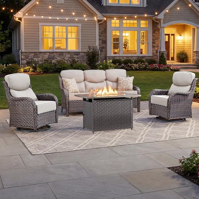 Luxury Patio Furniture Set with 6-inch Thick Cushion, Outdoor Furniture with Fire Pit Table, Swivel Chairs, Sofa, 4pcs Wicker Conversation Set for Deck Yard and Poolside(Brown Wicker | Beige Cushion)