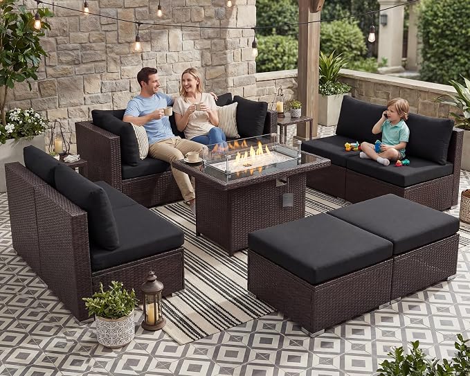 NICESOUL 9 Piece Patio Furniture Set with Fireplace Natural Gas/Propane, 29.3'' High Back Large Wicker Outdoor Sectional Sofa Sets, Deep Seat Sitting Area Backyard, Brown Rattan and Black Cushion