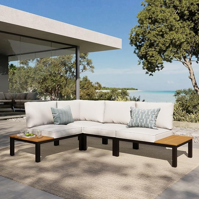 MFSTUDIO 4 Pieces Outdoor Sectional with Cushion, Metal L-Shaped Outdoor Patio Furniture Set with Side Table, Modular Patio Conversation Set, Modern Backyard Furniture for Deck,Garden