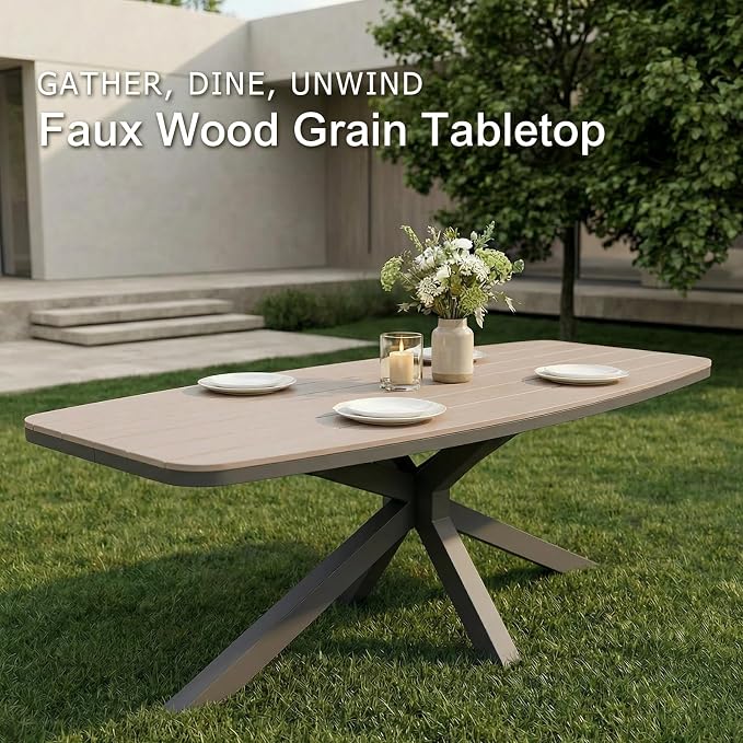 SUNSITT 9 Piece Outdoor Patio Dining Set, Patio Dining Furniture Set with 87” Aluminum Dining Table w/X Base Legs and 8 Woven Wicker Outdoor Patio Chairs w/Curved Armrest for Garden, Dark Grey