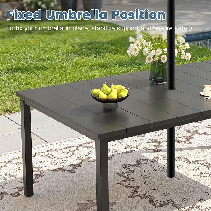 DIFY 7 Piece Outdoor Patio Dining Set for 6, 63" Black Rectangle Metal Dining Table and Swivel Patio Chairs with Brown Padded Textilene, All-Weather Outdoor Furniture Set for Garden Backyard Porch