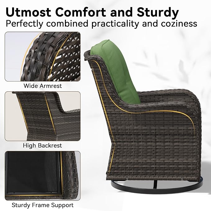 4 Piece Outdoor Wicker Patio Furniture Set, Outdoor Swivel Rocker Patio Chairs Set with Thickened Olefin Cushions, High Back and Deep Seating, Hand-Woven PE Rattan, Ottoman for Porch, Deck