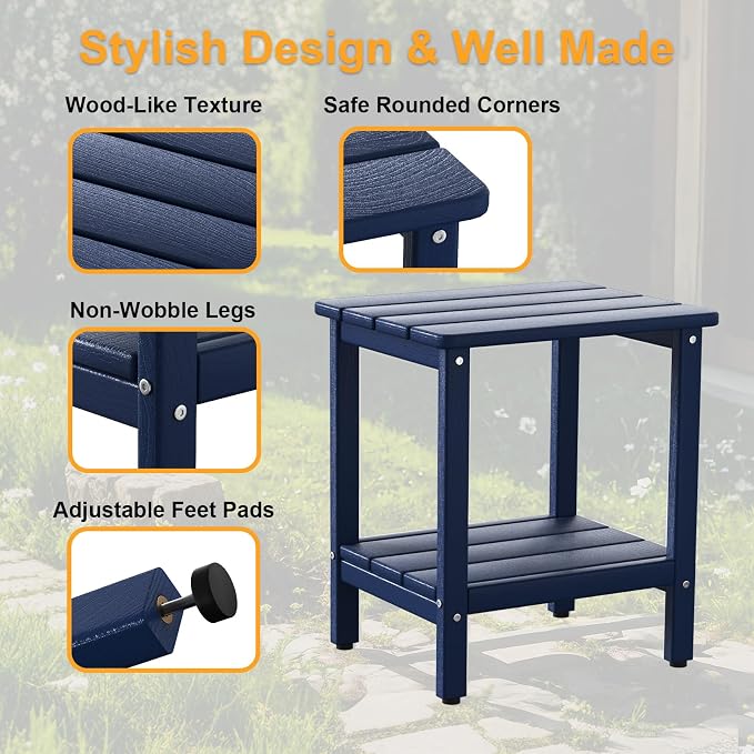 Outdoor Side Table, Small Square Patio Side Table with Adjustable Feet, All-Weather HDPE Adirondack End Tables for Porch Deck Balcony Pool, 2-Tier Storage, Easy Maintenance, Navy Blue